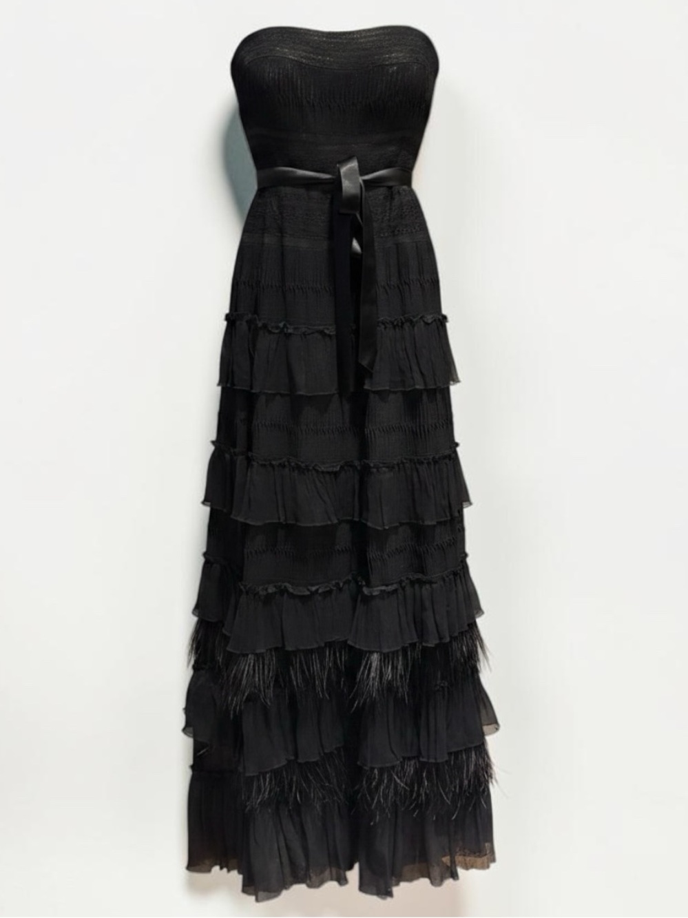 BCBGMaxAzria Black Strapless Tiered Ruffle Gown Feather Trim - Size 2